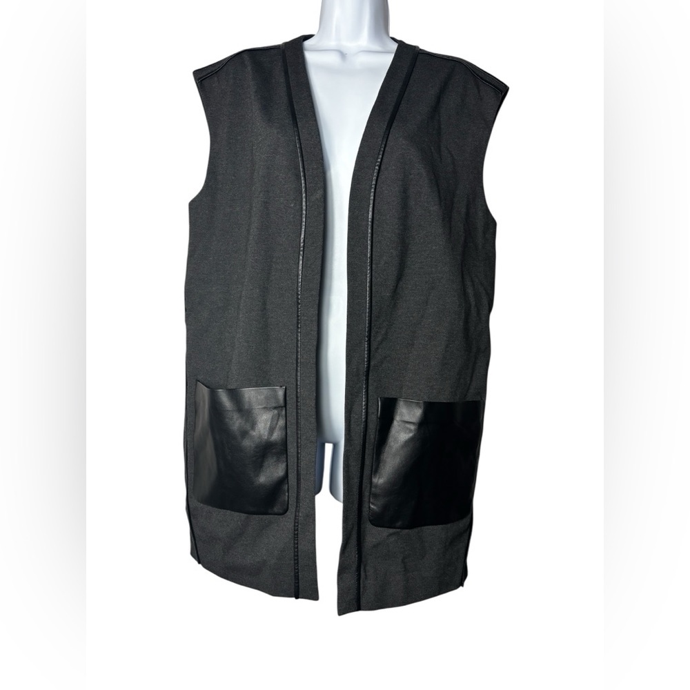 Lafayette 148 New York Womens Size Medium Gray W/Black Faux Leather Pocket Vest